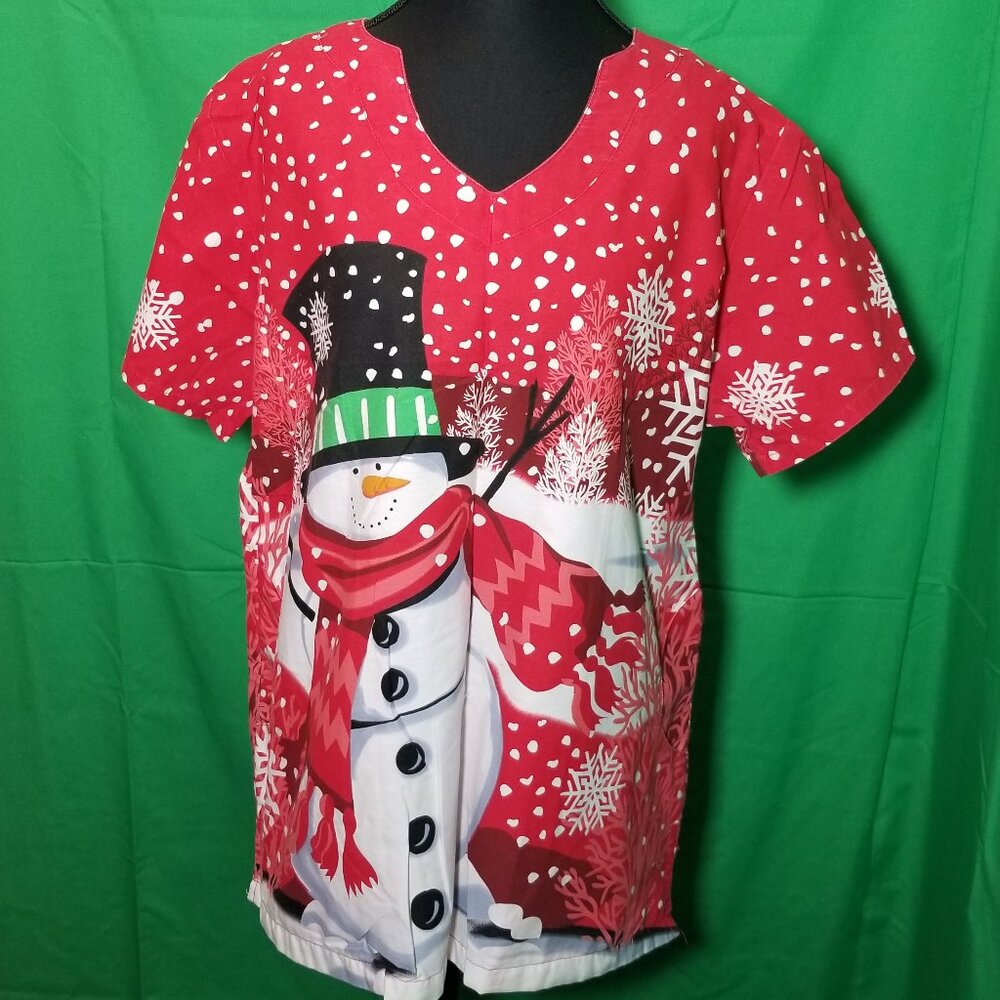 UA Scrubs Red Holiday Christmas Snowman Women's Scrub Top Large Nurse Hospital